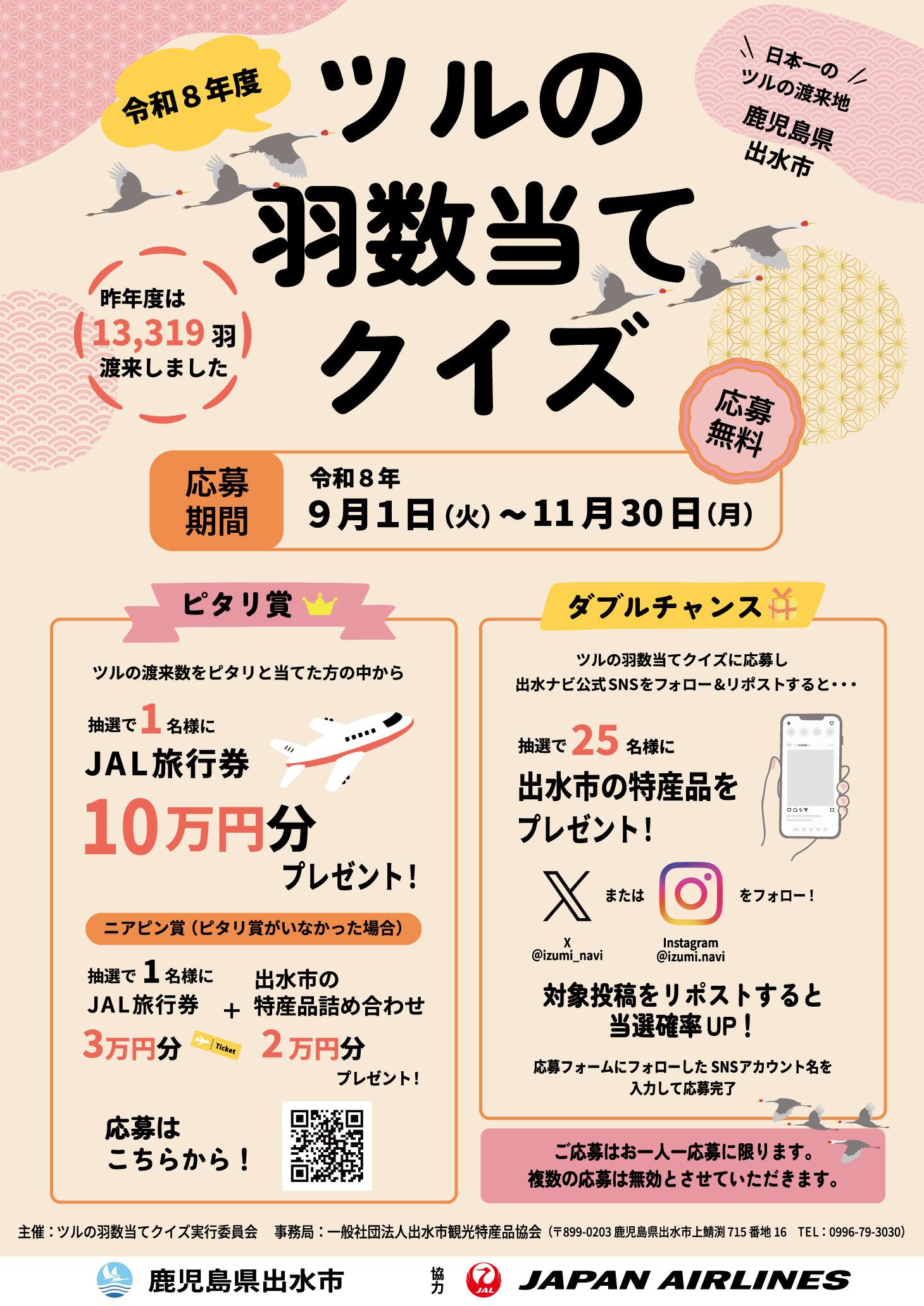 【出水市】ツルの羽数当てクイズ実施中（ピタリ賞はJAL旅行券10万円分）-1