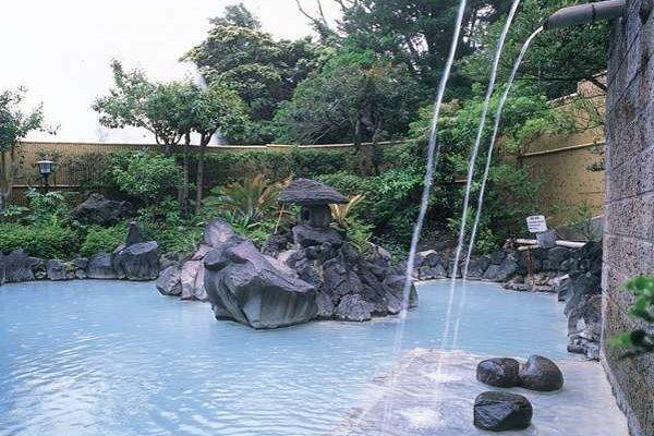 Outdoor bath in a garden setting with opaque white hot spring-1