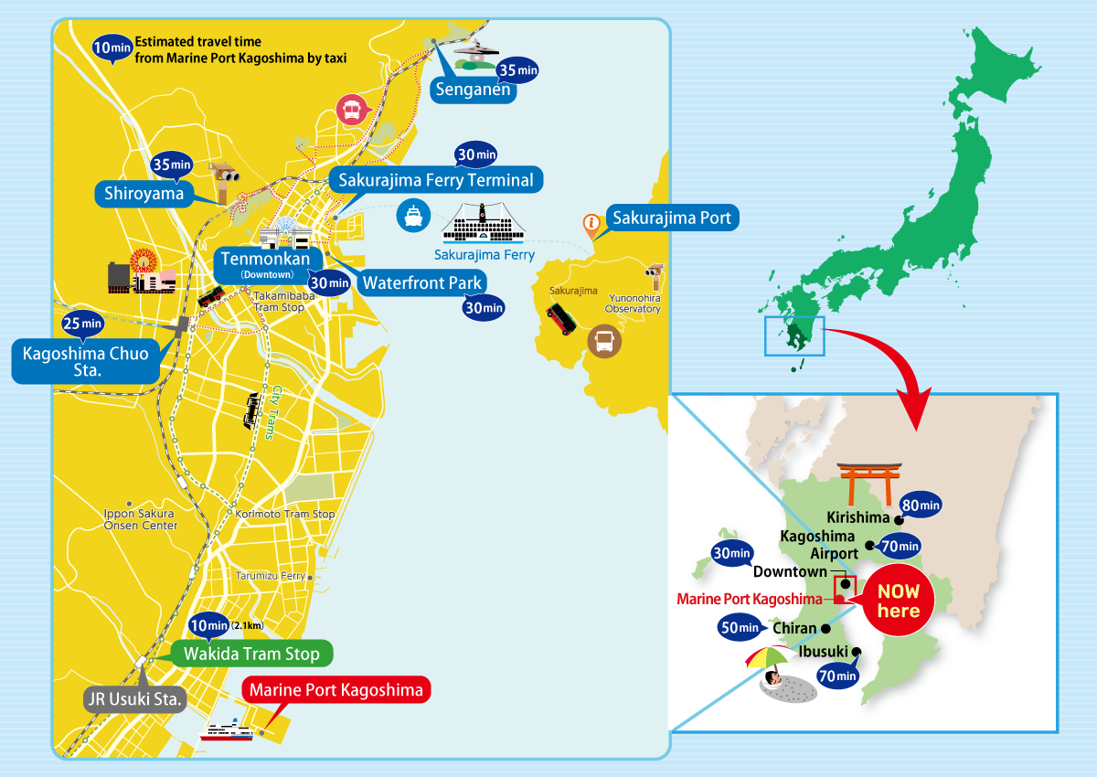 Relative locations of main sightseeing spots and estimated travel times-0